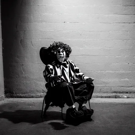 Prompt: an old black & white 5 0 mm close up portrait of a man dressed up as a clown holding a playstation controller while seated in a chair, in a dark foggy alley