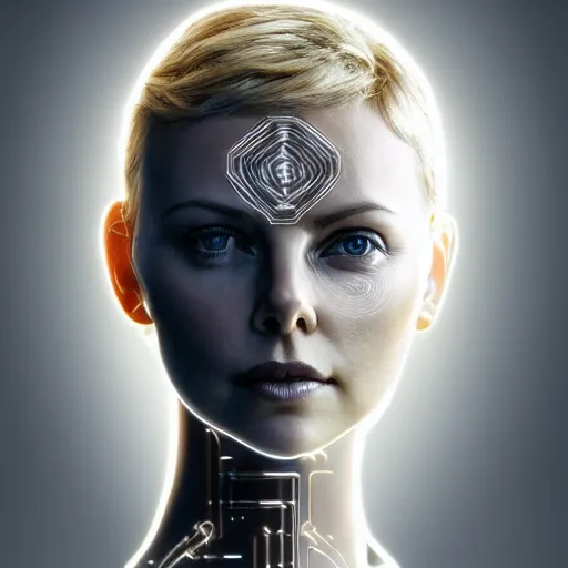 Prompt: beautiful centered Fine art photo portrait of enraptured young Charlize Theron as a solarpunk robotic humanoid, white mechanical parts with led lights, photorealistic, white background, highly detailed and intricate, sunset lighting, HDR 8k