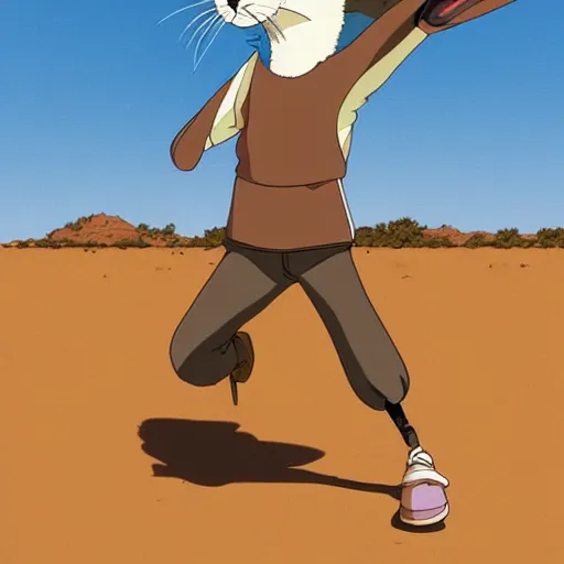 Prompt: a study of cell shaded cartoon of a rabbit dancing on a desert road, full body, wide shot, very muted colors, post grunge, studio ghibli, laurie greasley, highly detailed, deviantart, art by artgem