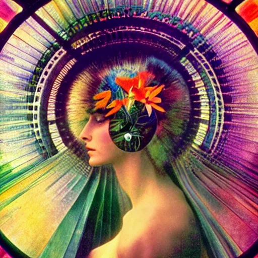 Image similar to extremely beautiful futuristic super schizophrenic psychedelic prismatic superhuman, lush detail, national geographic, steichen, herb ritts, roger deakins, anne leibovitz, alphonse mucha, sharp focus, ultra - realistic, hyperrealism, isotonic, beautiful radiant madwoman, schizophrenic superhuman