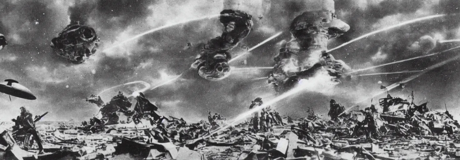 Image similar to Invasion of an alien life form in Germany, black and white photography, World War II, destruction, ufo, flying saucers, laser weapons, outerspace, technology