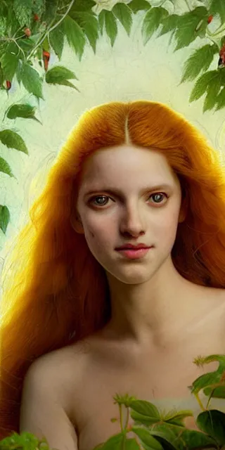 Image similar to young woman, smiling amazed of firefly lights, full covering intricate detailed dress, amidst nature, long red hair, precise linework, accurate green eyes, small nose with freckles, beautiful oval shape face, empathic, expressive emotions, dramatic lights, hyper realistic ultrafine art by artemisia gentileschi, jessica rossier, boris vallejo