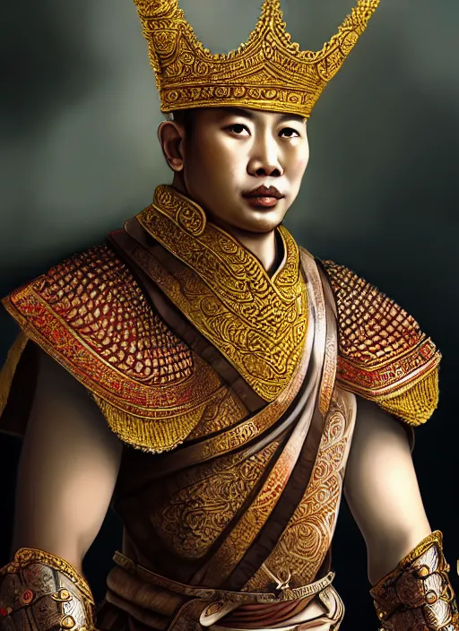 Prompt: king ramkhaheang of sukhothai, close portrait, historical, ethnic group, traditional tai costume, sukhothai headset, leather shoulder armor, fantasy, intricate, with leather armor cross onbare chest, elegant, loin cloth, highly detailed, oill painting, artstation, concept art, matte, sharp focus, illustration, hearthstone, art by earl norem