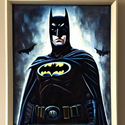 Image similar to Painting of a batman dark knight by Christopher Nolan oil painting