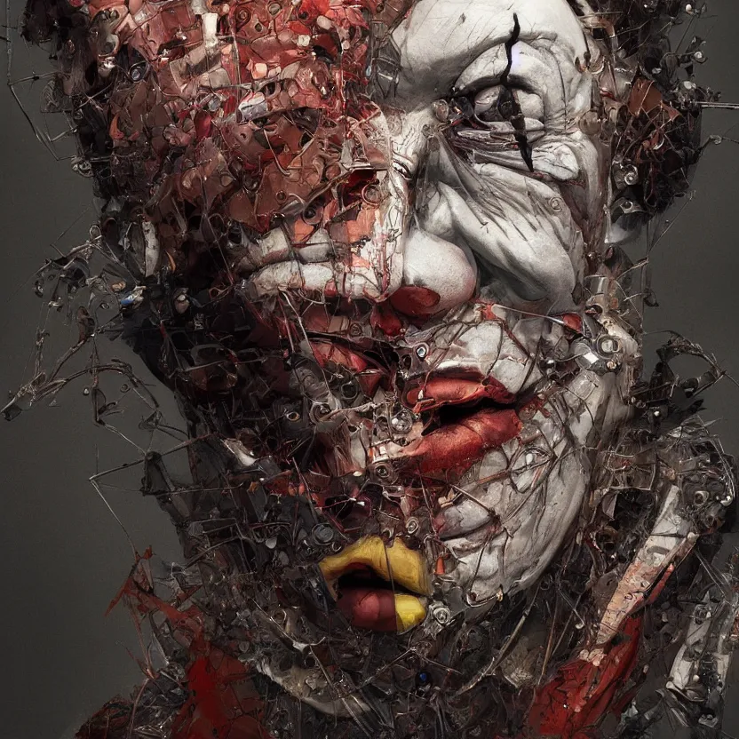 Prompt: Subsequent layers peeling back to reveal a killer clown's cybernetic skin, digital art extreme detail, octane render, 8k, by Dave McKean and artgerm and Ilya Repin