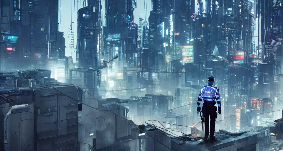 Prompt: a futuristic policeman stands on a rooftop of a cyberpunk city