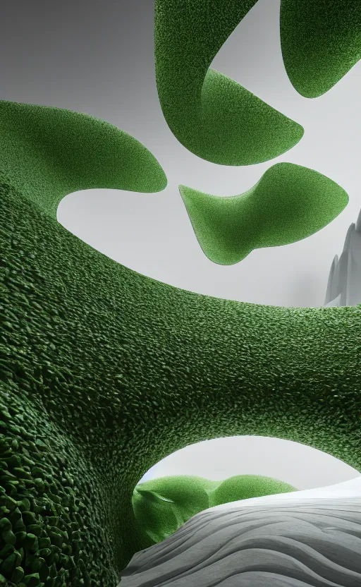 Prompt: highly detailed ultra sharp 3 d render cinematic composition of a smooth ceramic sand porcelain magnolia stone leaves fluid fractal sci - fi surreal architecture landscape, white marble, magnesium, foliage greenery, vincent callebaut composition, mamou - mani, archviz, beautiful lighting, 8 k, unreal engine, hdr, dof