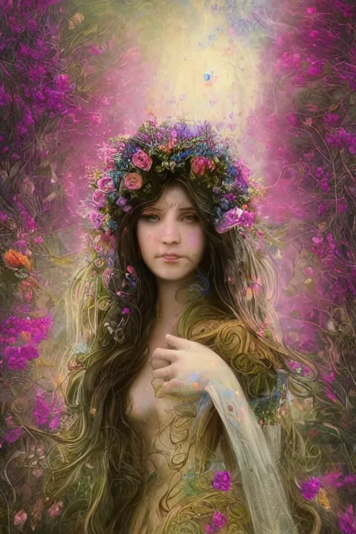 Image similar to elaborately detailed close up realistic portrait of an extremely beautiful girl with long dark hair surrounded by flowers, an eerie mist and ethereal rainbow bubbles, Aetherpunk, iridiscent geometry, high fantasy professionally painted digital art painting, fantasy matte painting movie poster, Art Nouveau, smooth, sharp focus, atmospheric lighting, highly detailed illustration highlights, backlight, golden ratio, 8K detail post-processing, symmetrical facial features, rich deep moody colors, majestic, dark epic fantasy, award winning picture, sense of awe, featured on DeviantArt, trending on cgsociety