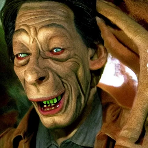 Prompt: under the full silver moon jim varney transforms into a werewolf and hungry for feeding with sharp teeth and claws in the forest full hd stunning creepy photograph