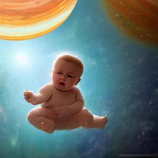 Image similar to giant baby floating among the planets in the solar system, oil on canvas, intricate, 8k highly professionally detailed, HDR, CGsociety