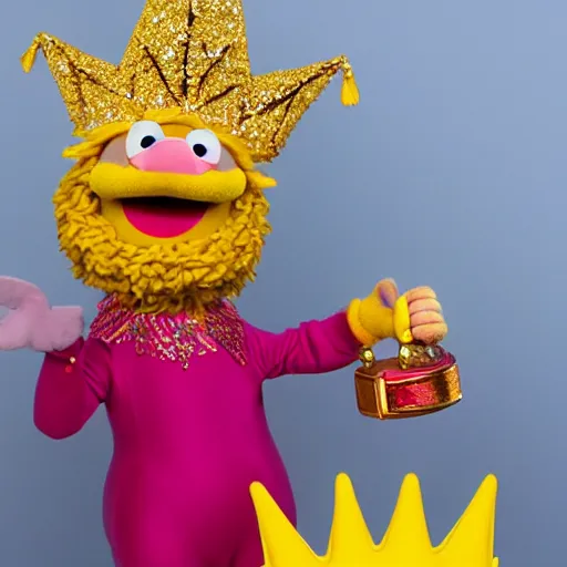 Image similar to pig wearing a gold crown in the style of sesame street