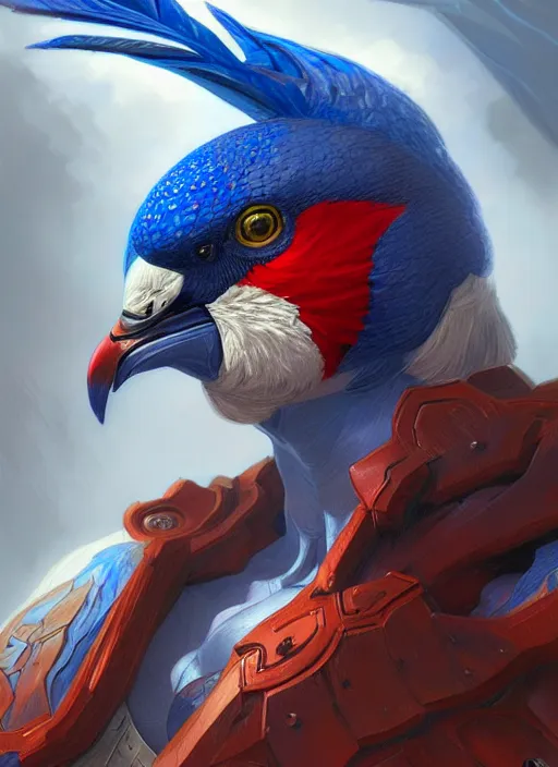 Prompt: portrait of aggressive pigeon humanoid, d & d, muscular! blue and red, fantasy, intricate, elegant, highly detailed, digital painting, artstation, concept art, smooth, sharp focus, illustration, art by artgerm and greg rutkowski and alphonse mucha