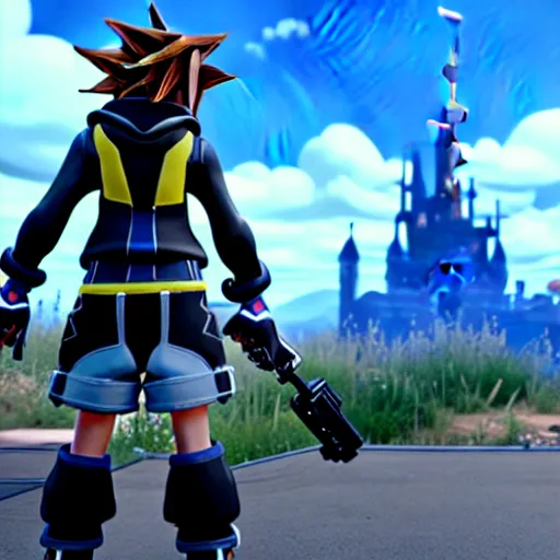 Prompt: Kingdom Hearts 3 as a First Person Shooter game, Sora with a gun, Fallout 4 inspired screenshot of kingdom hearts 3, uhd 4k, unreal engine 5, stumming visuals with rtx on