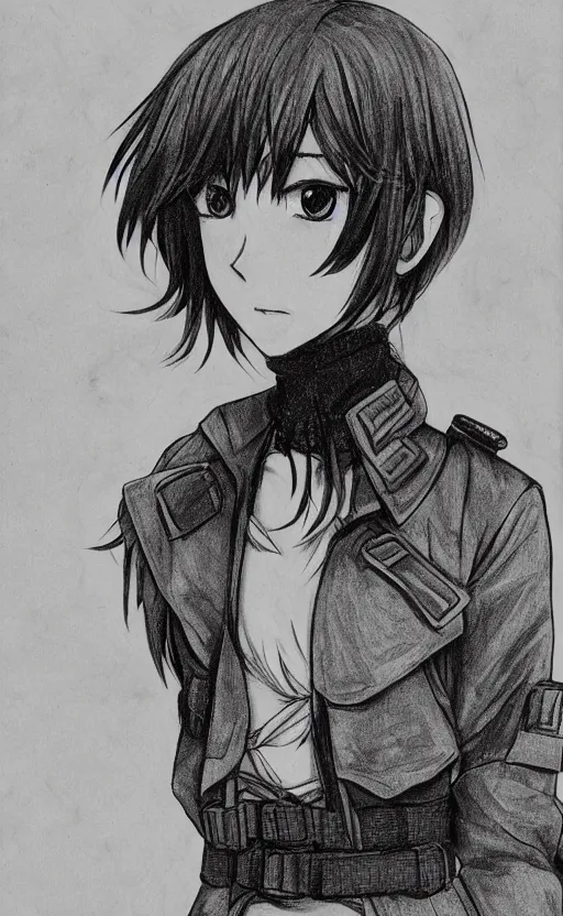 Image similar to manga style, black and white, intricate line art, portrait of a girl, shoulder eyes, trench and sandbags in background, soldier clothing, short hair, hair down, symmetrical facial features, round face, draw on paper, detailed drawing, by ito junji