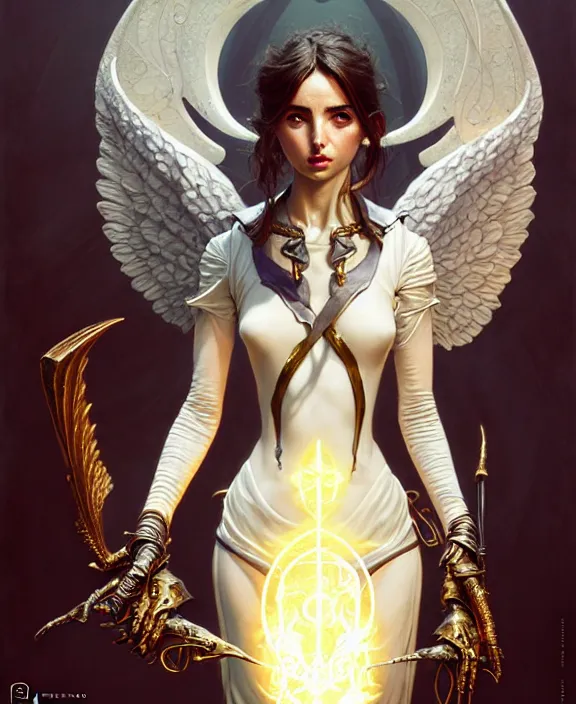 Image similar to beautiful fantasy character portrait, ana de armas, ultra realistic, wide angle, intricate details, the fifth element artifacts, highly detailed by peter mohrbacher, hajime sorayama, wayne barlowe, boris vallejo, paolo eleuteri serpieri, dishonored 2, white gown, angel wings