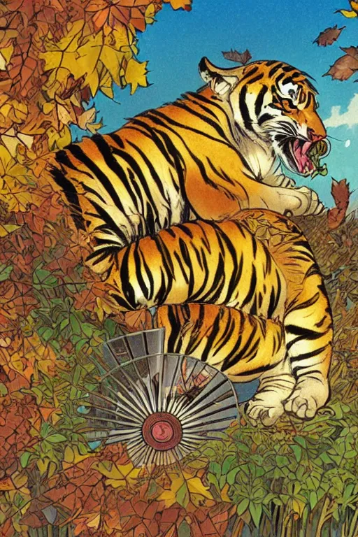 Image similar to a highly detailed cartoon cute tiger flapping a fan under sun, autumn leaves on the ground, concise lines, ultradetailed environment, sharp focus, cinematic lighting, by alphonse maria mucha and kim jung gi