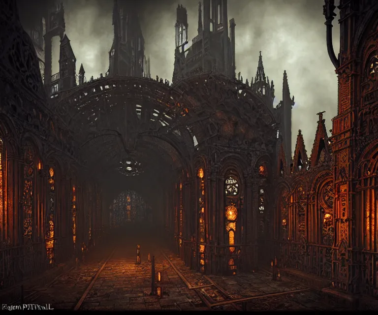 Image similar to steam necropolis, memento mori, gothic, neo - gothic, art nouveau, hyperdetailed copper patina medieval icon, stefan morrell, philippe druillet, ralph mcquarrie, concept art, steampunk, unreal engine, detailed intricate environment, octane render, moody atmospherics, volumetric lighting, ultrasharp, ominous, otherworldly