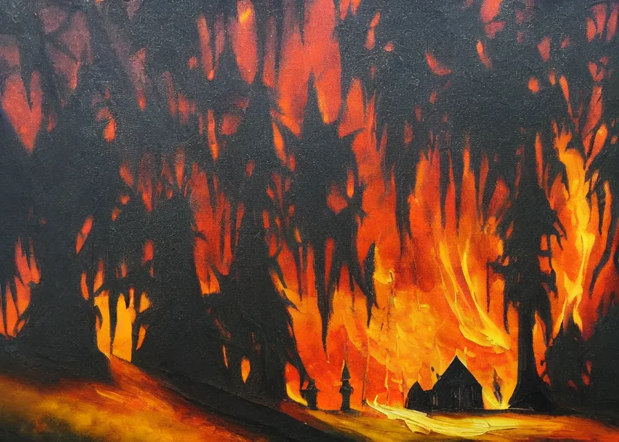 Prompt: black church on fire in a dark spikey forest, oil painting