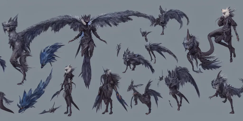 Image similar to Azure feathered winged wolf character design sheet, Monster Hunter Illustrations art book, big claws, huge wings, long tail, Moebius, Greg Rutkowski, Zabrocki, Karlkka, Jayison Devadas, Phuoc Quan, trending on Artstation, 8K, ultra wide angle, zenith view, pincushion lens effect.