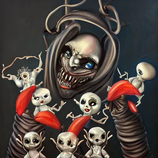 Image similar to beautiful painting of the evil porcelain old puppeteer surrounded by toy ballerinas in the style of Welder Wings and H. R. Giger. Dark background, detailed, trending on Artstation