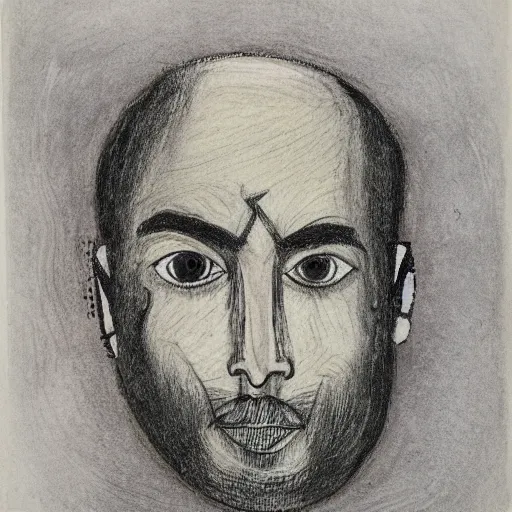 Image similar to portrait of bald short - bearded man with round face, small eyebrows and kind blue eyes, minimalictic black and white art brut, ink, pencil