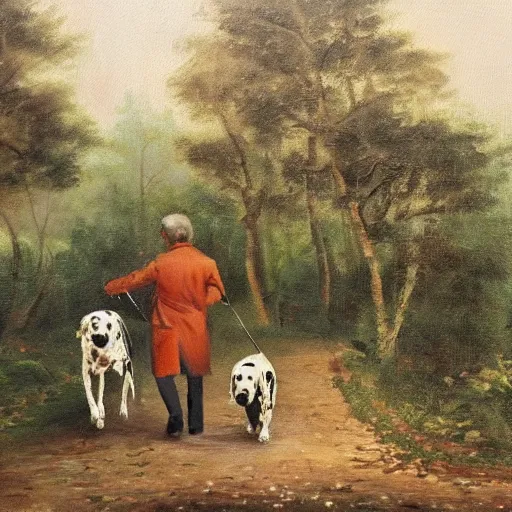 Image similar to granddad and blond curly young grandson walking in french forest with a dalmatian dog with black spots oil painting