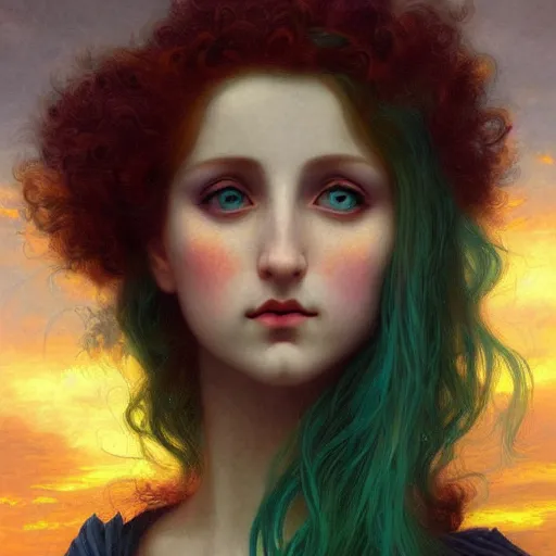 Image similar to a beautiful stunning interesting detailed fantasy whimsical matte digital portrait illustration of a mermaid with blue-green hair, yellow-orange and red-violet spectacular sunset, in the style of William Adolphe-Bouguereau and Marc Simonetti, magic the gathering, trending on artstation hq, contest winner