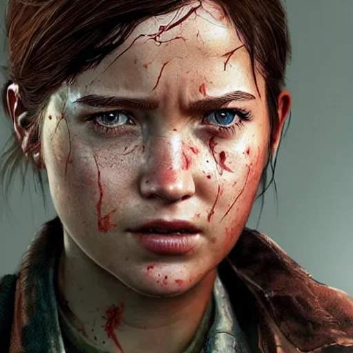 Image similar to highly detailed facial portrait of ellie from the last of us part 2, angry, micro expressions, highly detailed, trending on artstation, cinematic lightning