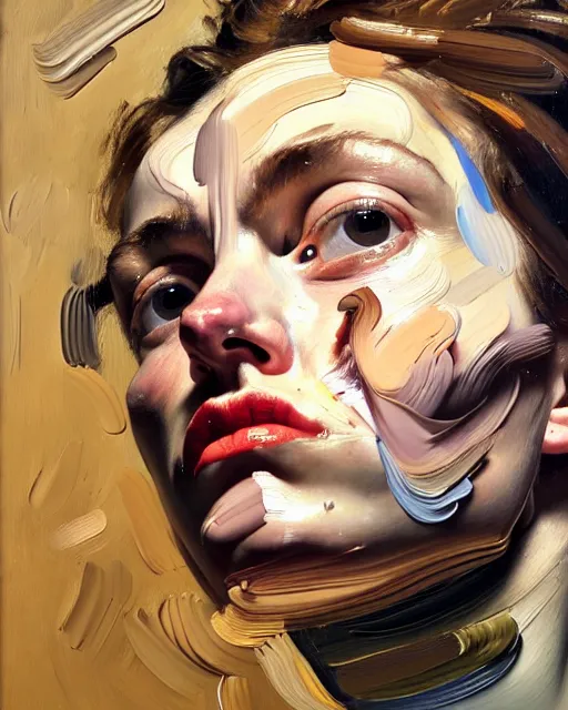 Image similar to a close up portrait a very ordinary young woman with a distracted expression, low angle, facing front, looking up, by Lucian Freud and Jenny Saville, oil painting, anatomically correct, beautiful perfect face, visible brushstrokes, sharp focus, Highly Detailed, Cinematic Lighting, 8k, HD