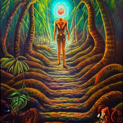 Image similar to ayahuasca journey in oil painting, trending on artstation, award winning, emotional, highly detailed dark surrealist art