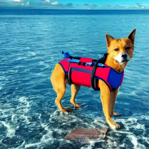 Prompt: photo of dog wearing a life jacket in the ocean
