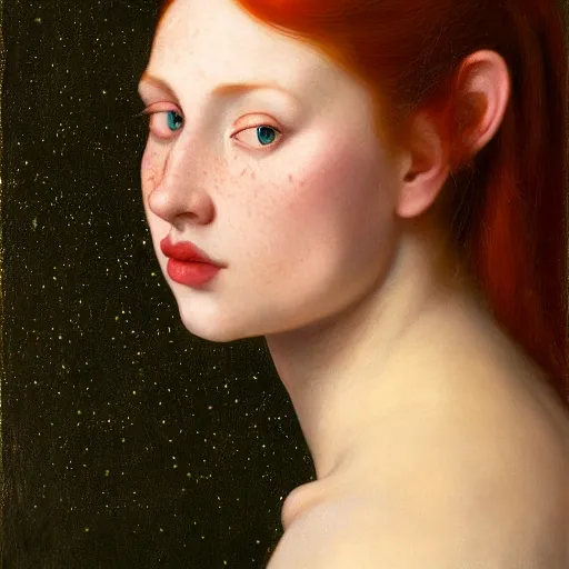 Image similar to portrait of a red haired woman, long hair, green eyes, hint of freckles, beautiful round face, soft amazed smiles, among golden fireflies, highly detailed, deep focus, elegant, digital painting, smooth, sharp focus, golden ratio, dramatic illumination, ultra realistic, 8 k, art by artemisia lomi gentileschi and caravaggio