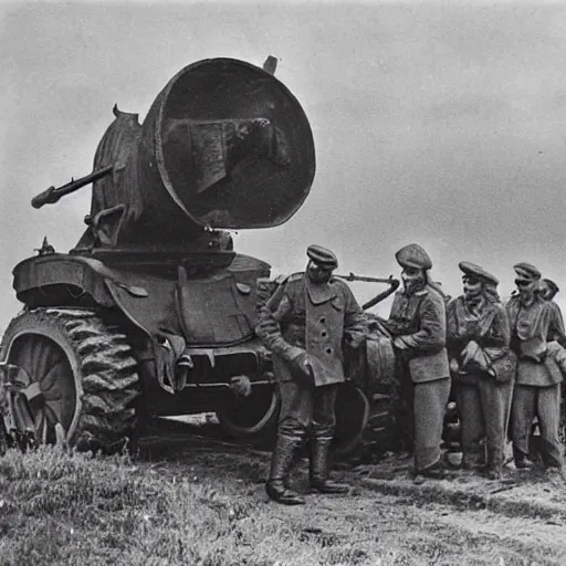 Image similar to a picture of a enormous bear pulling a towed canon on wheel behind him, eastern front, ww 2, historical picture