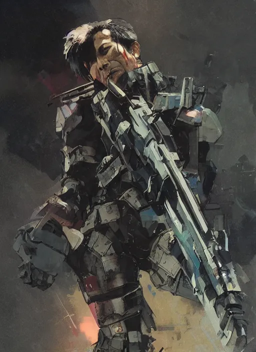 Image similar to BongBong Marcos wearing metal gear armor holding a shotgun dramatic lighting art by Yoji Shinkawa by Richard Schmid by greg rutkowski by Sandra Chevrier by Jeremy Lipking cinematic dramatic