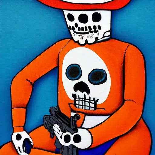 Prompt: very detailed and perfectly readable fine and soft relevant out of lines soft edges painting, manny calavera sitting with a rifle, in a cabin, on a lake, sunrise, grim fandango style,