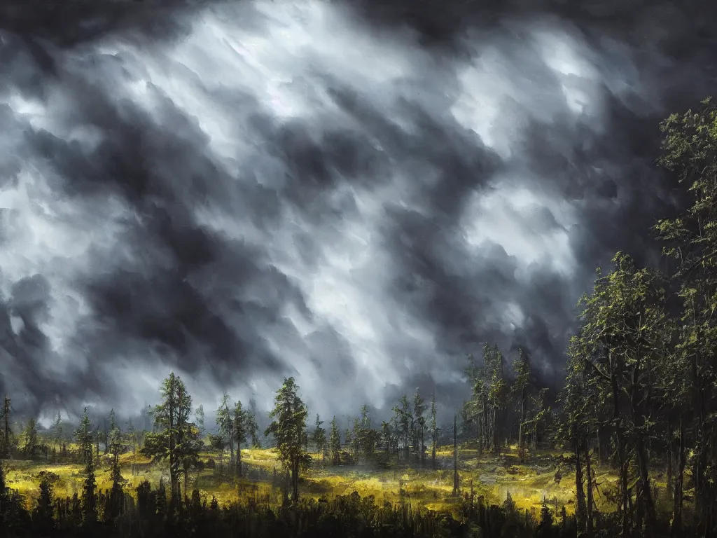 Image similar to detailed landscape, forests. very detailed dark super storm, hyper realistic clouds, impressive, magical, very atmospheric, smoke boiling, cinematic, deep, very high complexity, stunning, masterpiece, chiaroscuro, in the style of david holland and michael creese, very detailed. 4 k