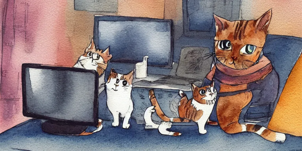 Prompt: watercolor illustration style, cute! cats watch the news on computer monitor