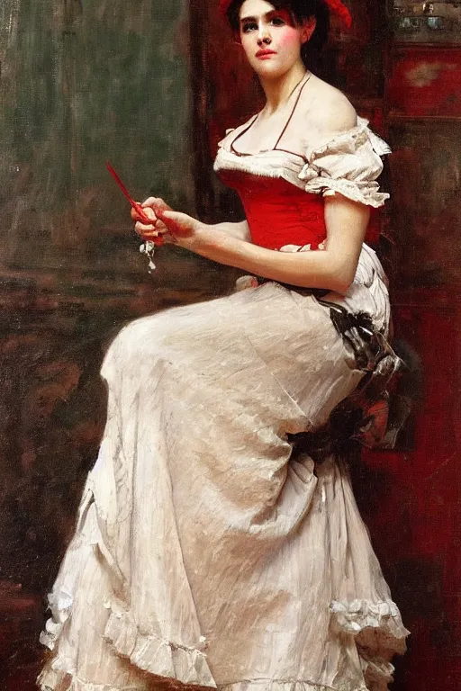 Image similar to Raimundo de Madrazo y Garreta and Solomon Joseph Solomon and Richard Schmid and Jeremy Lipking victorian genre painting full length portrait painting of a young beautiful woman traditional german french barmaid in fantasy costume, red background