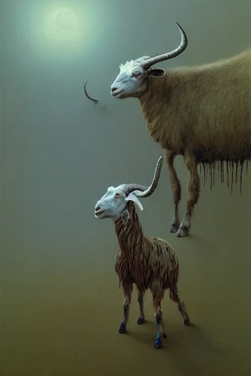 Image similar to painting of hybrid between human andy milonakis and a goat, by zdzislaw beksinski, by tiffany bozic, cold hue's, warm tone gradient background, concept art, beautiful composition, digital painting