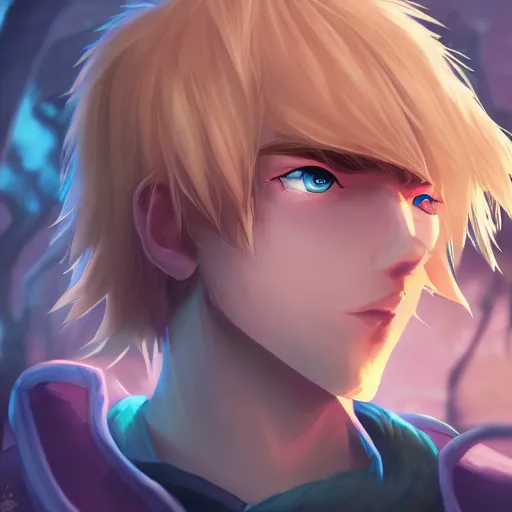 Prompt: league of legends character style of teenager cute boy, blonde hair, blue eyes, kissing with tree, close up, cinematic light, dark room, detailed, photo, 8K