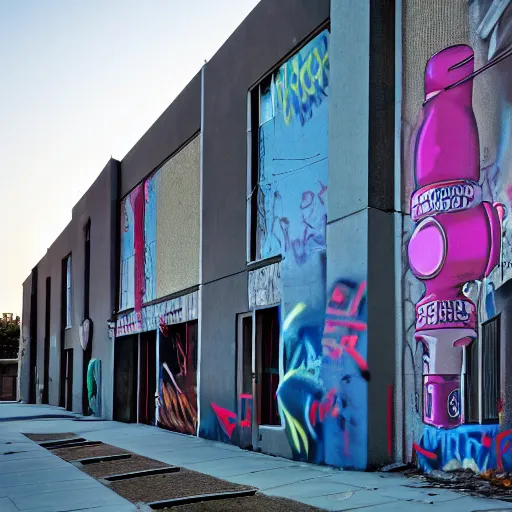 Image similar to high quality photograph of the outside of a building at dusk. There is very artistic graffiti on one wall of the building and a fire hydrant on the sidewalk in front of the wall. Three empty spray paint cans lay discarded on the ground and a young person around the age of 20 is walking away from the building.