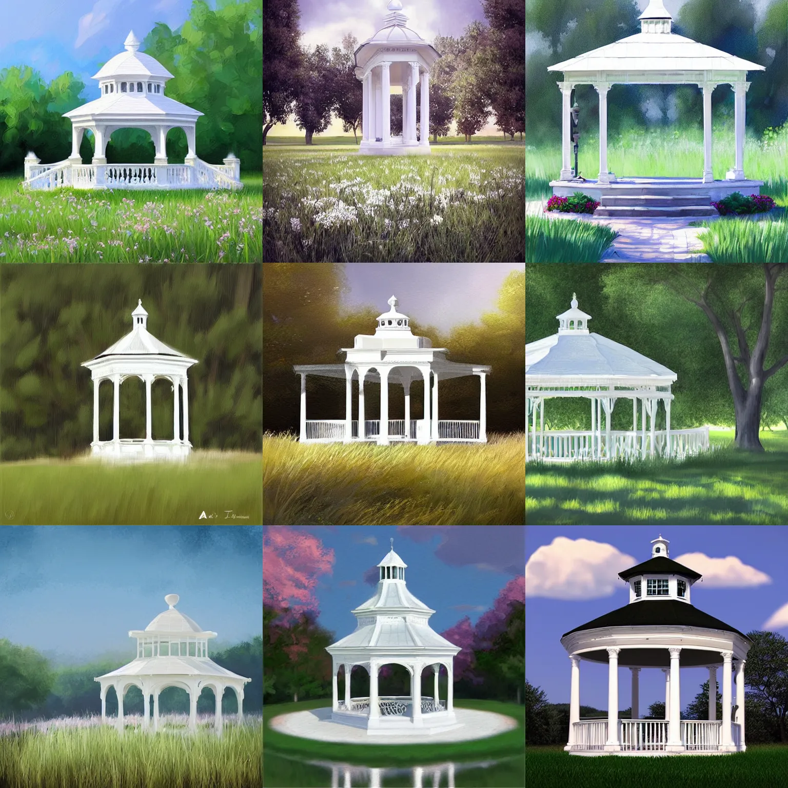 Prompt: white gazebo in the middle of a calm meadow, classical architecture, beautiful digital painting by Artgerm