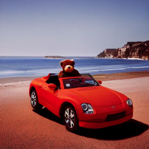 Prompt: Photo of Teddy bear driving a a red convertible sports car by the seaside, dynamic lighting, photo taken by Martin Schoeller for Abercrombie and Fitch, award-winning photo, 35mm f/1.4