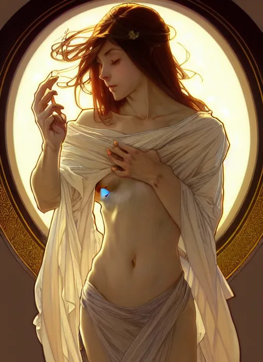 Image similar to digital character concept art by artgerm and greg rutkowski and alphonse mucha. clear portrait of a shy modern wife blessed by god to grow immaculately perfect!! blonde, in clothes! gifted holy body! light effect. hyper detailed, glowing lights!! intricate, elegant, fertility, digital painting, artstation, smooth, sharp focus