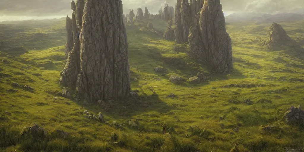 Prompt: The elegant single lonesome stone wizards tower, green fields in the background, wide angle, cinematic, art by Donato Giancola and Bayard Wu, digital art, trending on artstation