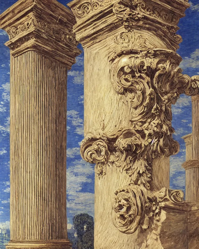 Image similar to achingly beautiful painting of intricate ancient roman corinthian capital on brilliant sapphire background by rene magritte, monet, and turner. giovanni battista piranesi.