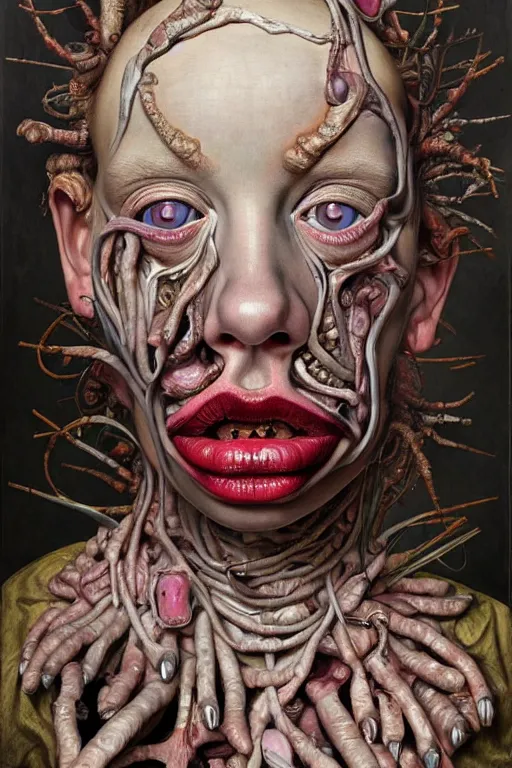 Image similar to Detailed maximalist portrait with large lips and eyes, scared expression, with extra flesh, HD mixed media, 3D collage, highly detailed and intricate, surreal illustration in the style of Jenny Saville, dark art, baroque, centred in image