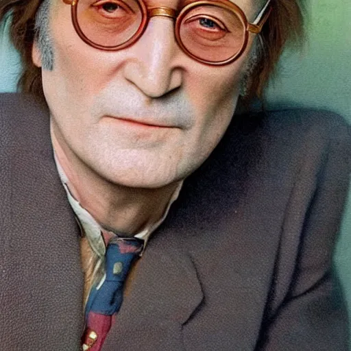 Image similar to A colored colorized real photograph of old John Lennon as an old man in his eighties with short hair in the 2010s, Old John Lennon, taken in the early 2020s, taken on a 2010s Camera, realistic, hyperrealistic, very realistic, very very realistic, highly detailed, very detailed, extremely detailed, detailed, digital art, trending on artstation, headshot and bodyshot, detailed face, very detailed face, very detailed face, real, real world, in real life, realism, HD Quality, 8k resolution, intricate details, colorized photograph, colorized photo, John Lennon as an old man with short hair, old, old man