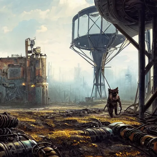 Prompt: a steampunk cyborg grizzly bear walking in a wasteland, abandoned barn in the background, collapsed water tower, painting by Greg Rutkowski, Felix Kelly and Syd Mead, high detail, atmospheric lighting, matte painting, 4k UHD