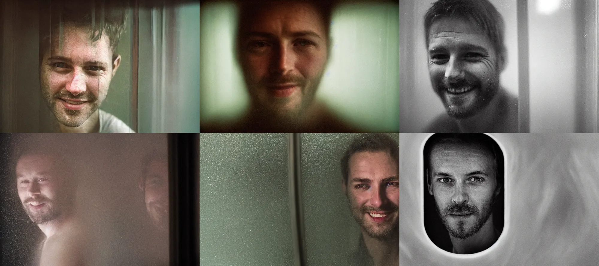 Prompt: a cinematic!! headshot photograph!! of a happy male, looking through frosted glass, dirt, film still, cinematic lighting, by bill henson, jeremy mann